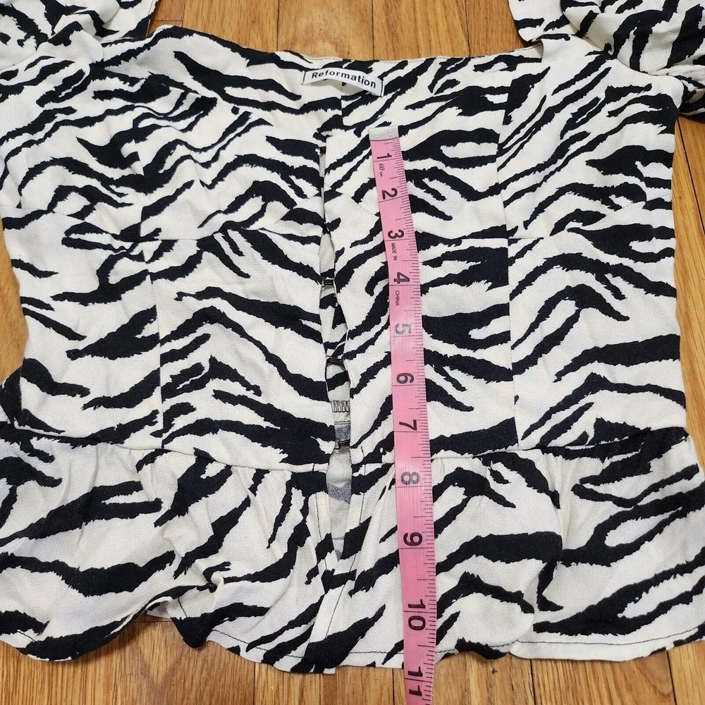 Reformation Black and Cream Zebra Print Puff Sleeve Blouse